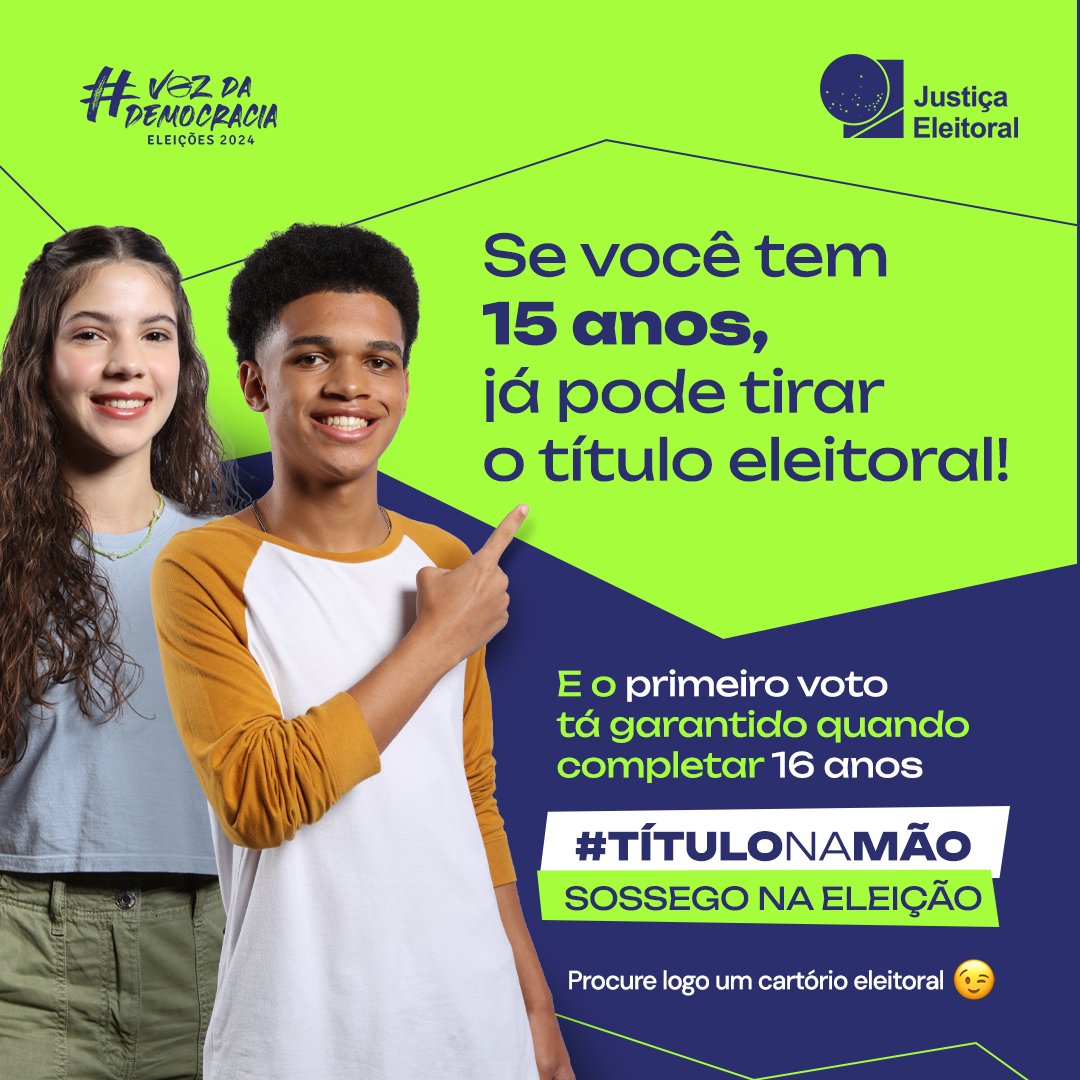 🗣️ Com 15 anos, já pode garantir o #TítuloNaMão. E quem completar 16 anos até 6 de outubro de 2024, já poderá estrear seu primeiro voto nas #Eleições2024 🤩 Compareça ao cartório eleitoral, solicite o título ou resolva as pendências até 8 de maio. Não deixe pra última hora! 😉