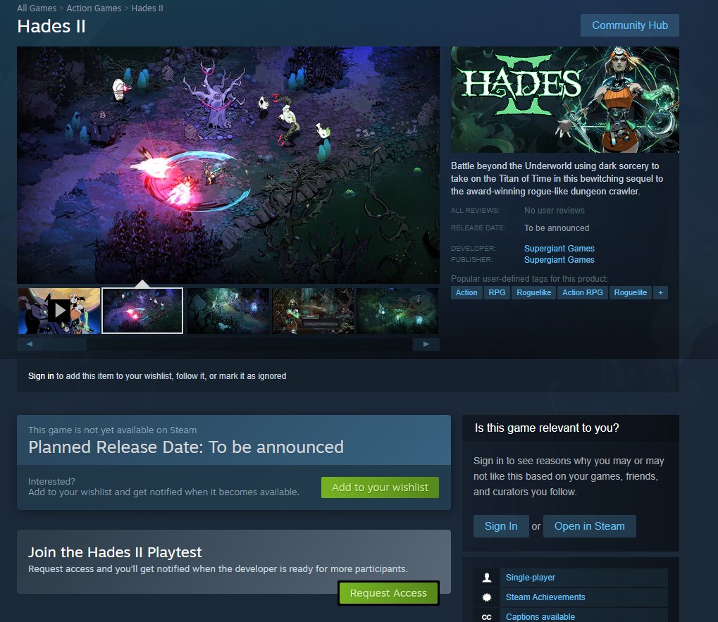 Hades II Technical Test signup request on Steam bit.ly/3vIN1Mg Technical test is planned to begin shortly