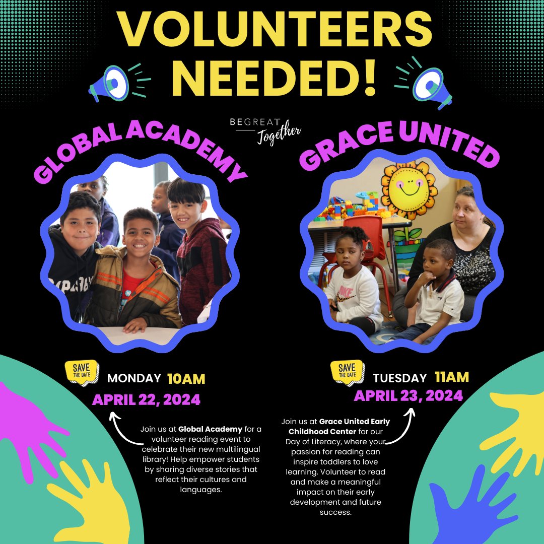 🌟 Join us for Volunteer Week at Global Academy & Grace United! 📚🎉 Help inspire young minds by reading diverse stories—bilingual volunteers needed at Global. An unmissable chance to support teachers and ignite students' love for learning! #VolunteerWeek #LiteracyHeroes