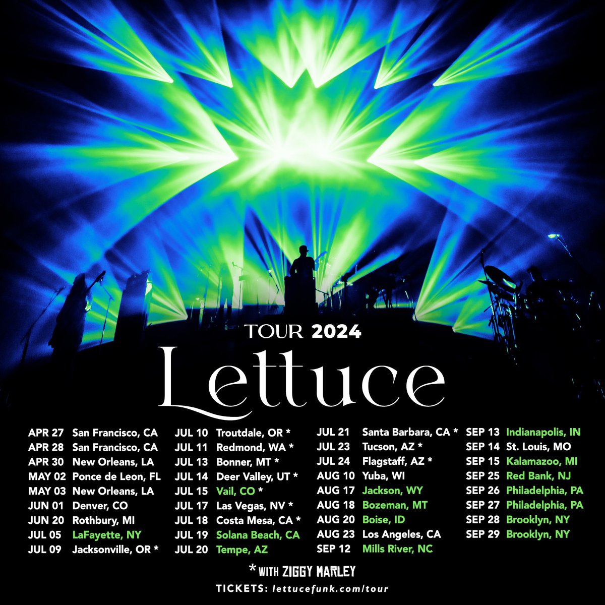 Who’s ready for the LETTSANITY??! New Tour coming in hot 🥬🔥🥬 For newly announced shows (GREEN) July 19 & onward, sign up at lettucefunk.com/tour for access to the Presale [Wed. 4/17 10am local - Thu. 4/18 10pm local] Public onsale hits this Friday at 10am local time!