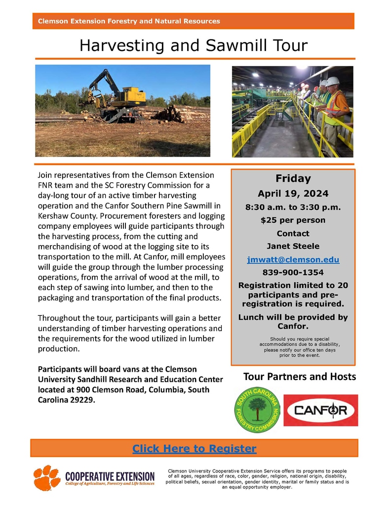 Procurement foresters and logging company employees will guide participants through the harvesting process, from the cutting and merchandising of wood at the logging site to its transportation to the mill. Registration fee is $25. Register now at bit.ly/3PHULoc