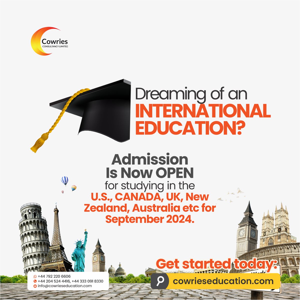 Whether you're aiming for an undergraduate degree or advancing with postgraduate studies, opportunities abound across these premier destinations Visit our website at cowrieseducation.com to get started. #InternationalEducation #StudyAbroad #USACanadaUK #OpenAdmissions2024