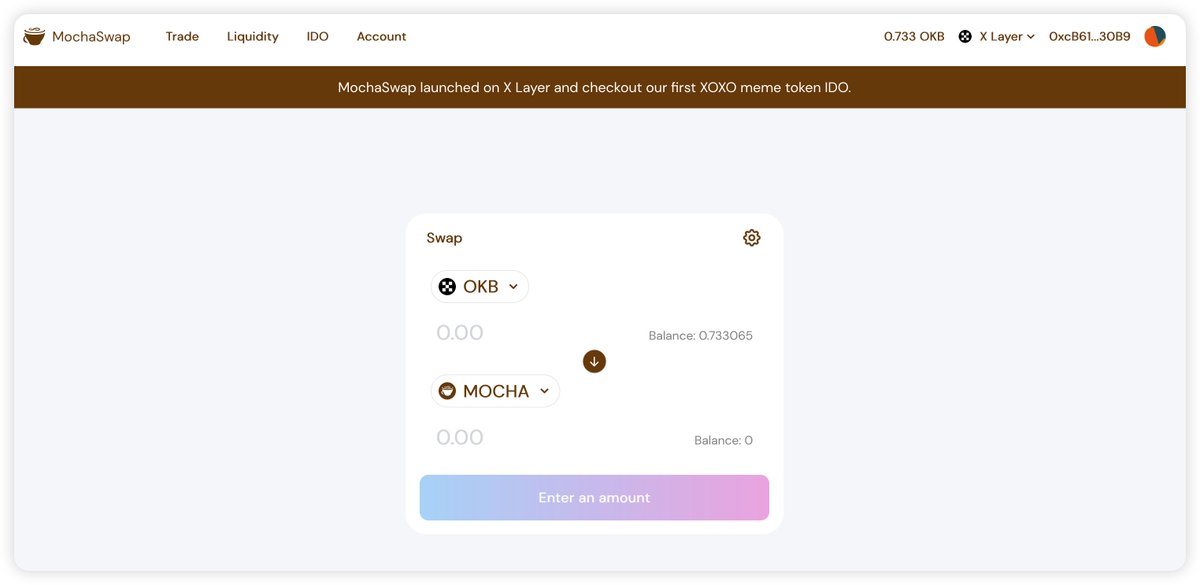 mocha_swap's tweet photo. X Layer @XLayerOfficial just opened Mainnet to the Public.

🚨 MochaSwap just launched on X Layer Mainnet. 🚨

MochaSwap offers DeFi services, including swapping, staking, launchpads, lending, and yield farming. 

$OKB #Defi #XLayer https://t.co/Tvq1sfrn2e