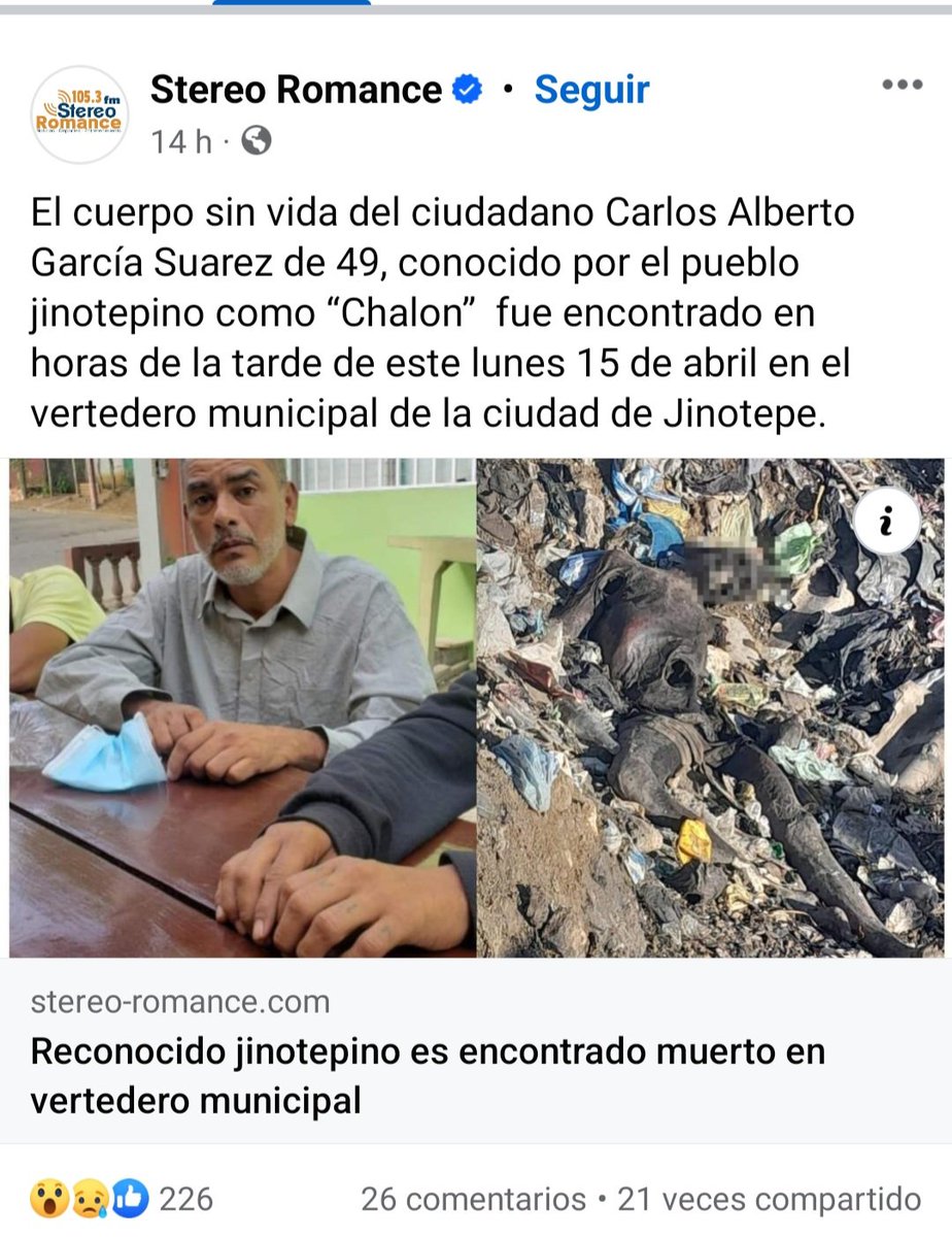 URGENTE, URGENTE 

Los restos del ex preso político Carlos Alberto Garcia Suárez fueron encontrados quemados en un 90%  en el vertedero municipal, ubicado contiguo al cementerio de Jinotepe, Carazo.
@ReporteNi