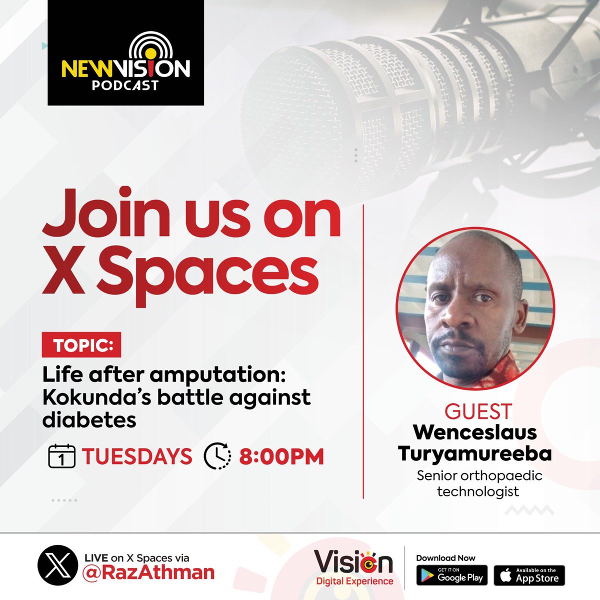 #VisionPodcast: Tonight our focus is on life after amputation: Kokunda’s battle against diabetes and tackling poor access to assistive technology devices in Uganda.

Click on this link to join the conversation now
x.com/razathman/stat…
#VisionUpdates 
@RazAthman