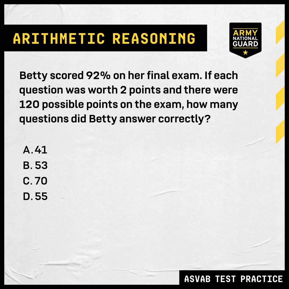 Betty scored a 92, let's see if you can do better. Drop your answer below and get one step closer to test day: bit.ly/3v1N5pL #NationalGuard #TuesdayMotivation