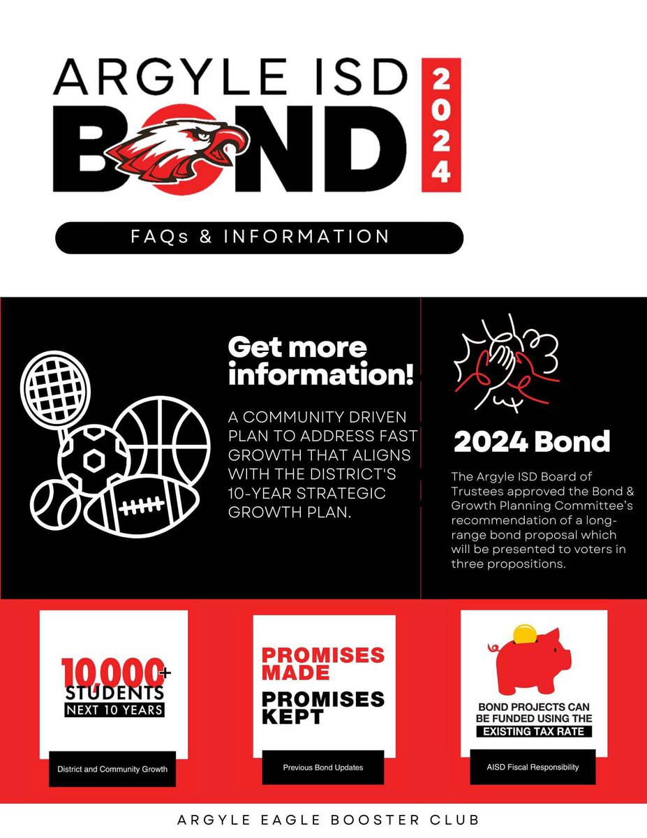 Howdy Eagles and Eagle fans! Do you have questions about the @ArgyleISD Bond of 2024? Below are links to the home page of the bond website and a link to frequently asked questions. Home Page: argyleisdbond2024.com FAQs: argyleisdbond2024.com/faq-s Go Eagles!