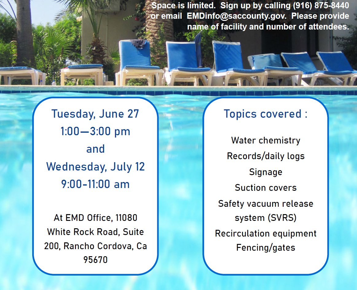 Swimming pools and spas can be a source of disease as well as injuries if not properly monitored. Do you own/operate a public, commercial or multi-family residential pool or spa in SacCounty? Attend an upcoming Pool and Spa Workshop! Learn more: emd.saccounty.gov/EH/Documents/E…