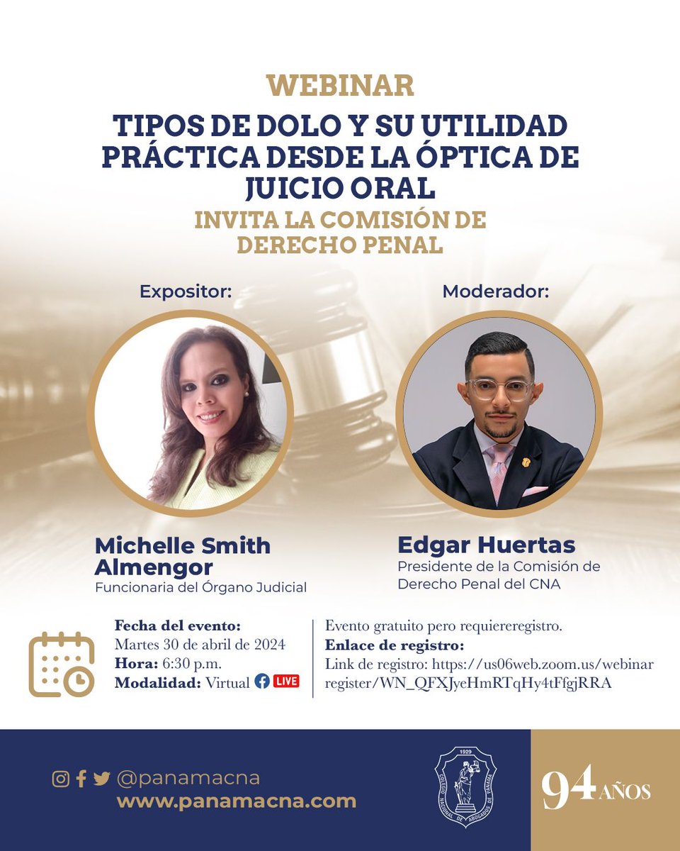 📍Este 30 de abril participe del webinar tipos de dolo y su utilidad práctica desde la óptica de juicio oral, organizado por la Comisión de Derecho Penal. 📆 30 de abril ⏰ 6:30 p.m. 👨‍💻 Modalidad virtual 📢 LINK EN HISTORIAS Y PUBLICACIÓN DE FACEBOOK