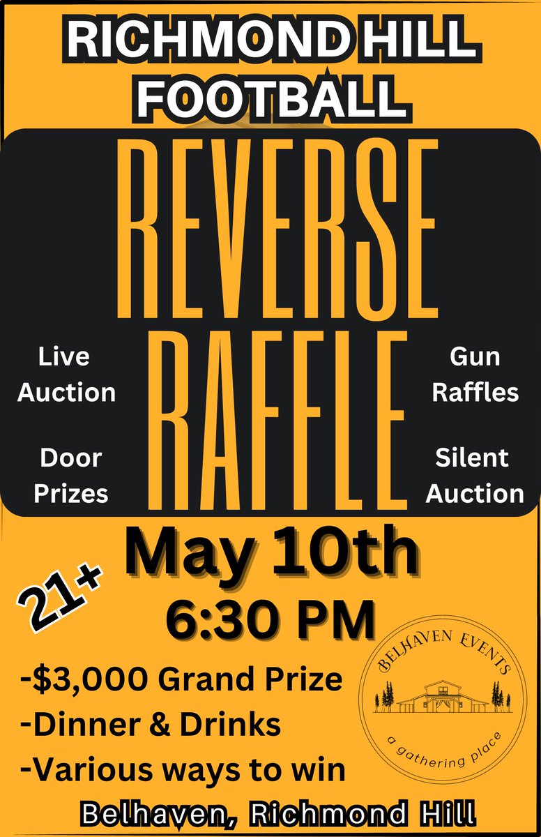 Join us at Belhaven Acres on May 10th for our First Annual Gridiron Reverse Raffle & Auction. Ticket includes dinner, drinks & $3k prize! Limited tickets available. Contribute auction items & make an impact! Tickets: rhhsfootball.com/product/gridir… #BTH | #GTO