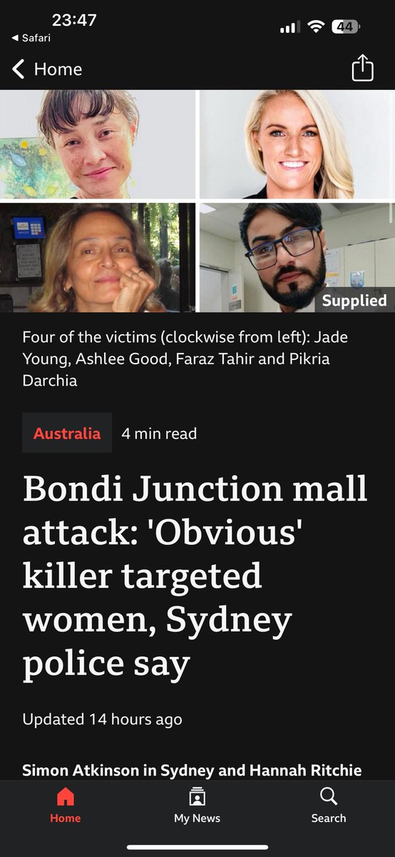 Father of the Bondi killer says he may have targeted women because, “He wanted a girlfriend and he's got no social skills and he was frustrated out of his brain.” Men are afraid that women will laugh at them. Women are afraid that men will kill them — Atwood.