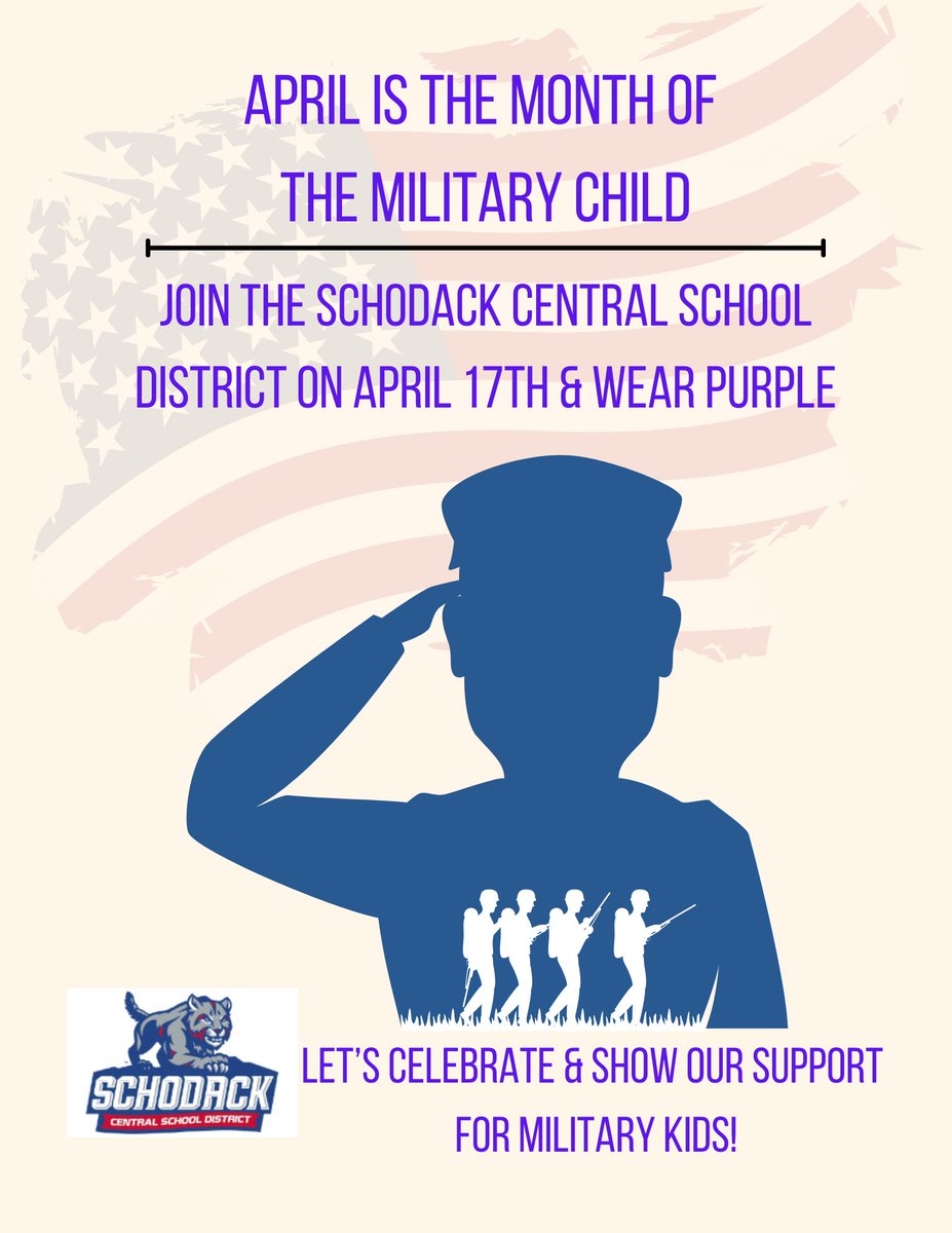 Schodack CSD, Purple Up! tomorrow (April 17) for Military Kids Day! We're joining districts nationwide tomorrow in wearing purple to support the children of those serving. PS: Email us your purple pics (communications@schodack.k12.ny.us) & we'll post them on our socials!