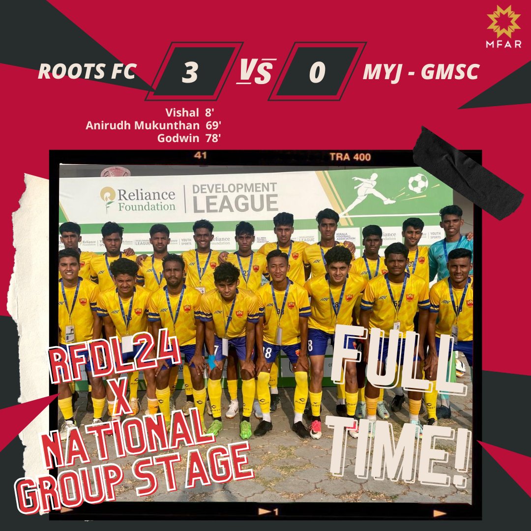roots_football's tweet photo. Roots FC delivers an emphatic performance, clinching a resounding 3-0 triumph over MYJ-GMSC! The roar of victory echoes across the field! 🦁⚽️ 
#GoRoots #RootsFC #RootsFCvsMYJGMSC #3Nil #RootsFootballSchool #RFDevelopmentLeague #RFDL #indianfootball #fulltime #nationalgroupstage https://t.co/hjFIASYuDl