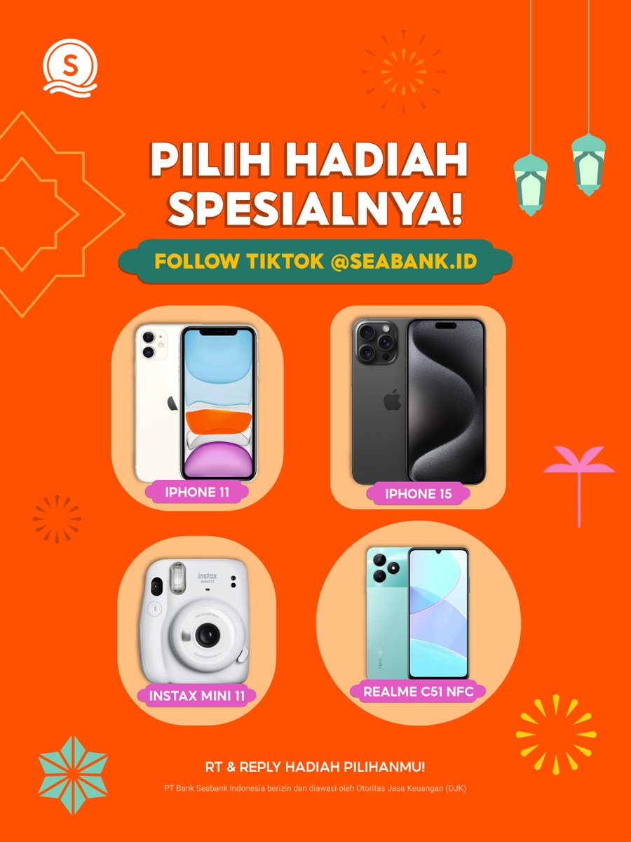 SeaBankID's tweet photo. 🎁PILIH HADIAH SPESIALNYA!🎁

FOLLOW TikTok SeaBank yuk, biar bisa menangin IPHONE 15 sampai IPHONE 11!🥰 

RT &amp; REPLY HADIAH PILIHANMU sebanyak-banyaknya! 🌟

MENANGKAN di sini 👉 https://t.co/Spr0Z6syMR https://t.co/bj3VfECtTJ