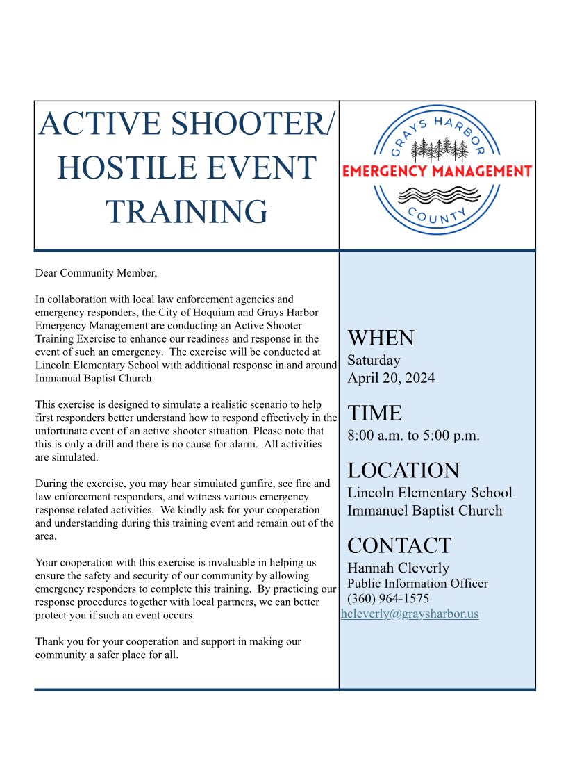 This Saturday, April 20th, public safety agencies from around the county will be engaging in a training exercise in Hoquiam, Wa. For the safety of the public and responders participating in the training exercise, we kindly ask for your cooperation and staying clear of the area.