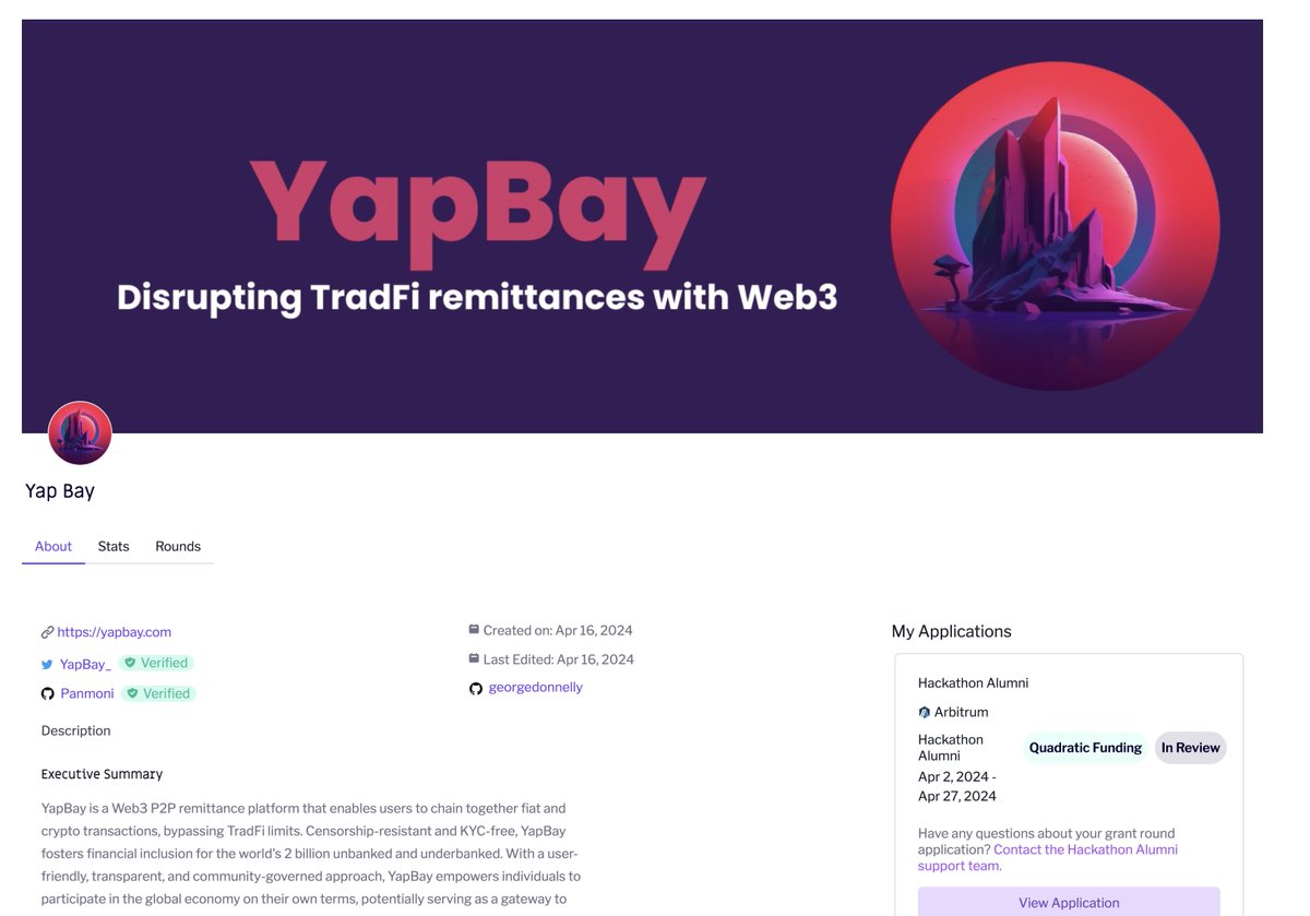 YapBay has applied to the <a href="/gitcoin/">Gitcoin</a> Hackathon Alumni round, as an alumnus of @withBackdrop v3.

Wish me luck! -G