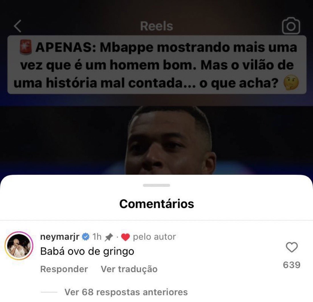 A Brazilian football page praised Kylian Mbappé on Instagram, stating “Mbappé is once again showing he is a good guy, the victim of a poorly told story…people confuse a guy who wants to win everything with a bad person.” Neymar’s response to the page: “Gringo ball sucker.”