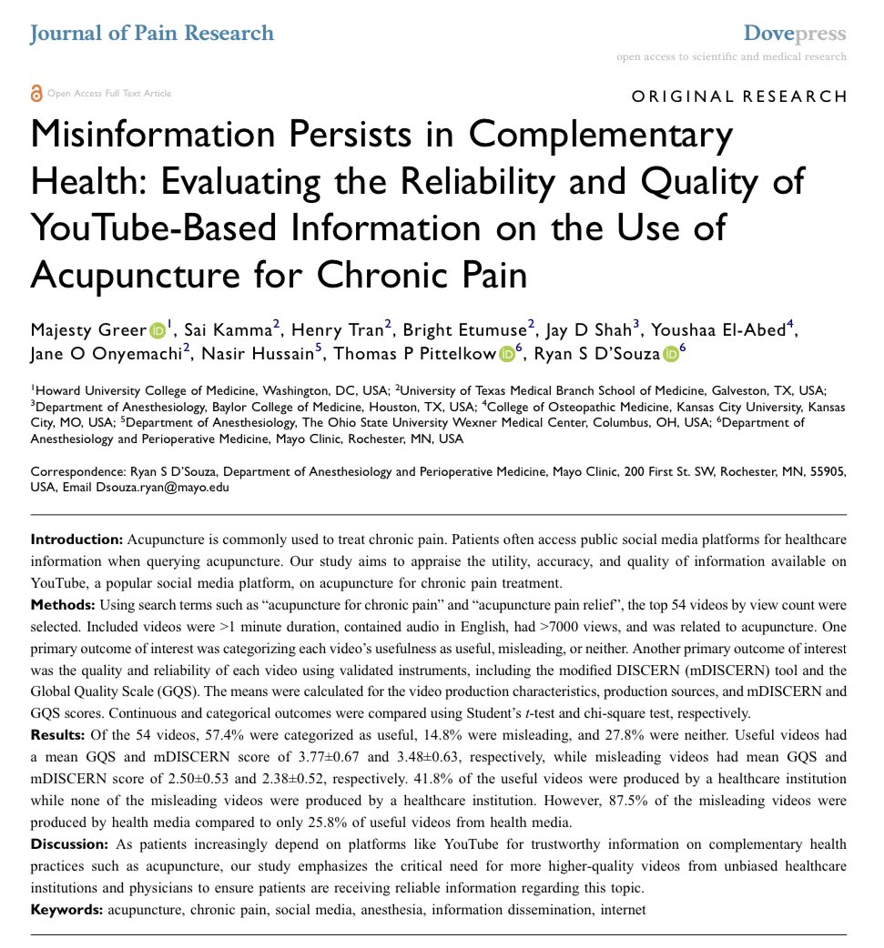 Big milestone - published my first paper as lead author! Collaborated with an amazing team led by <a href="/Ryan_S_DSouzaMD/">Ryan D'Souza, MD</a> to investigate the quality and reliability of acupuncture information for chronic pain on YouTube. Check out the full findings: doi.org/10.2147/JPR.S4…
#MedTwitter