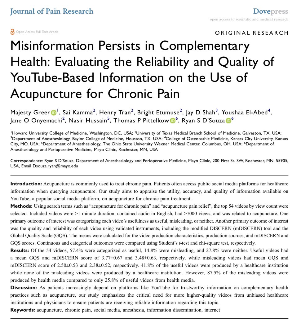 Big milestone - published my first paper as lead author! Collaborated with an amazing team led by @Ryan_S_DSouzaMD to investigate the quality and reliability of acupuncture information for chronic pain on YouTube. Check out the full findings: doi.org/10.2147/JPR.S4… #MedTwitter