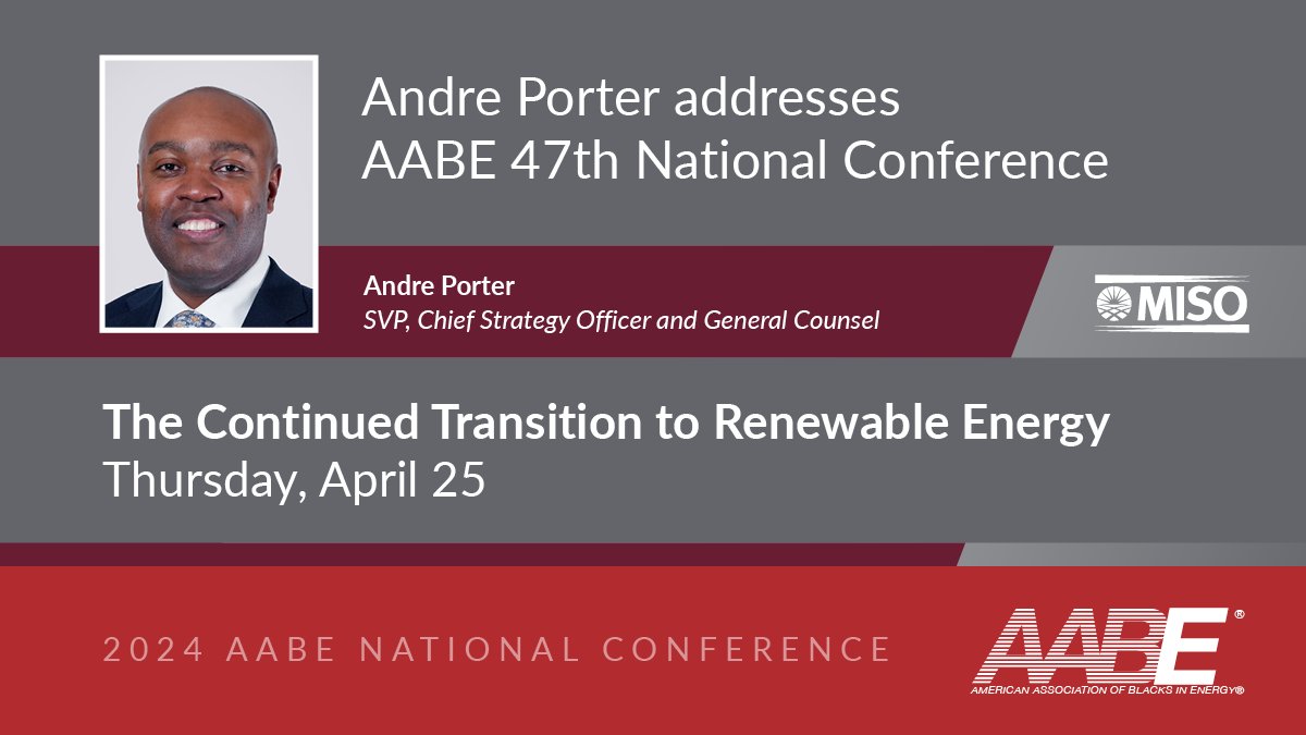 At next week's @JoinAABE conference, Andre Porter will moderate a conversation about the challenges and opportunities tied to the #energytransition. Learn how MISO is addressing the transition's complex reliability challenges: ow.ly/8MUs50Rhlxq #gridofthefuture