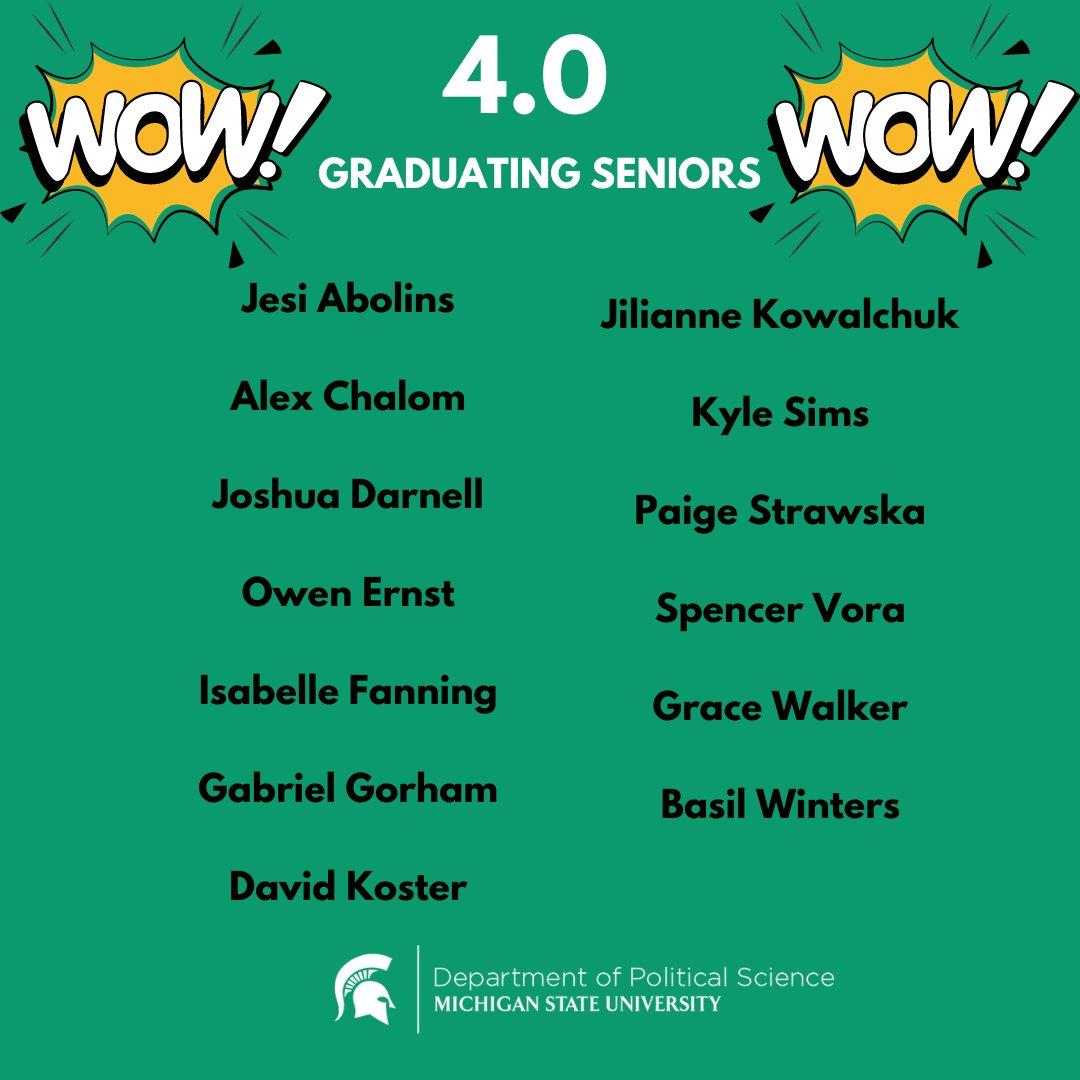 Today we are celebrating our 13 MSU PLS graduating seniors who are finishing with a perfect 4.0 g.p.a. We are unbelievably proud of you!! #MSUSocialScience #YesPLS
