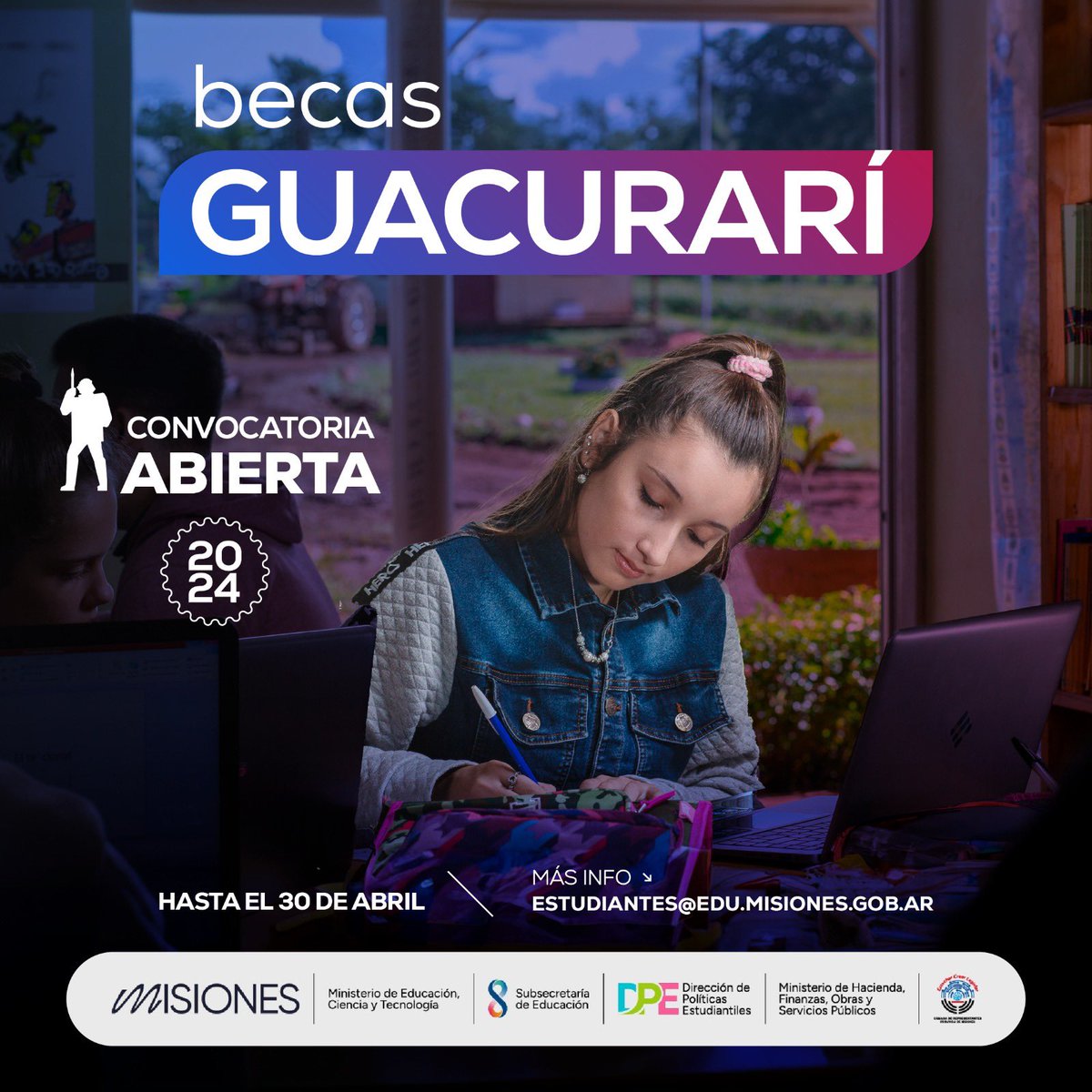 Informo que la Beca Andrés Guacurarí ya está disponible para que los estudiantes aspirantes puedan inscribirse hasta el próximo 30 de abril.

Está beca está destinada a egresados del año 2023 del nivel secundario en instituciones públicas o Escuelas de la Familia Agrícola (EFA)