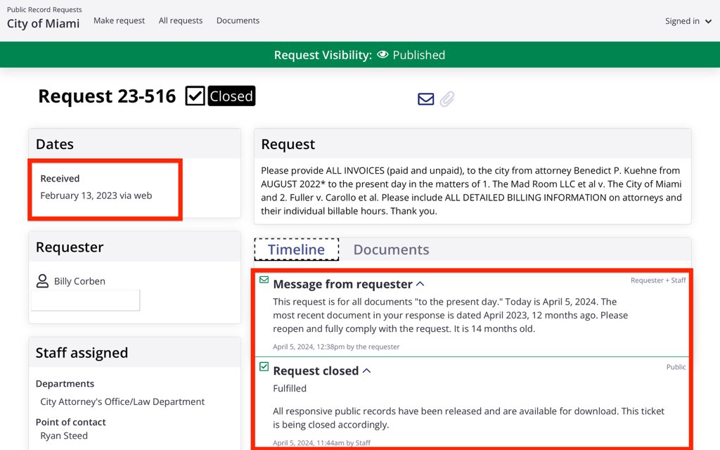 How the City of Miami — a criminal racketeering organization masquerading as a government — breaks the law to cover up its own crimes: 1. I make a public records request… 2. They ignore it and then close it OVER ONE YEAR LATER without providing all the records… 3. I tell…