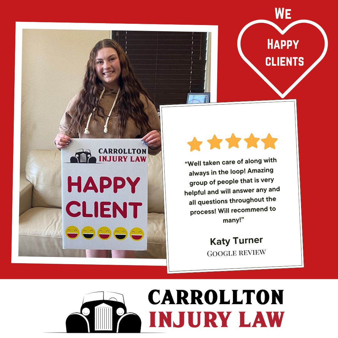 When you’re happy, we’re happy! 

Call or text us 24/7 at 972-360-9898 if you have been injured in an accident, and we will show you how we put Personal back into Personal Injury Law. 

#carrolltoninjurylaw #caraccidentlawyer #personalinjurylawyer #HappyClient