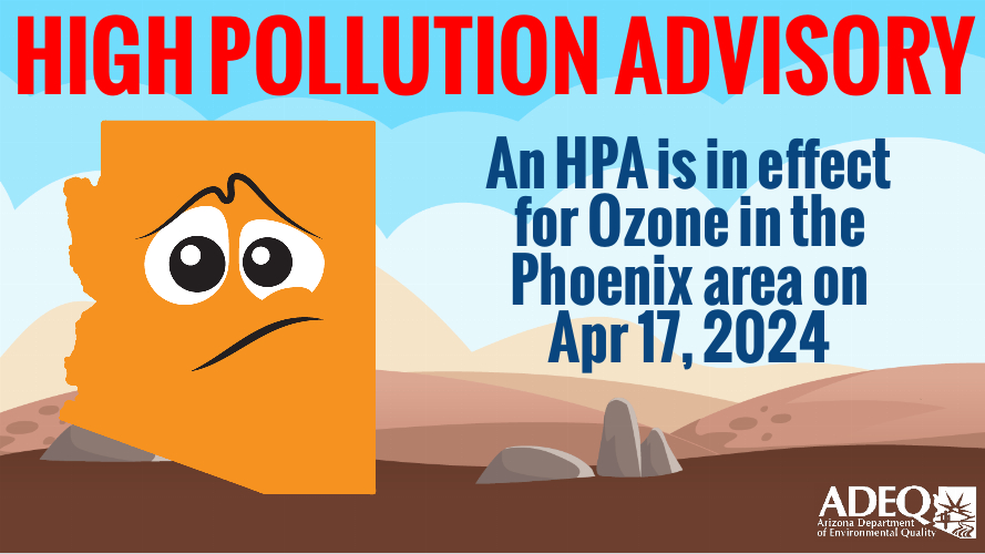 📣 ADEQ is issuing a High Pollution Advisory (HPA) for ozone effective, Wed., April 17, 2024, in Phoenix.

Hourly forecast ➡️ bit.ly/phoenixAQI 
Ozone pollution explained ➡️ bit.ly/OzoneExplained

 #AZAirAware #azwx