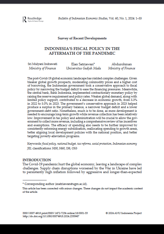 New @BIESjournal article delves into Indonesia’s fiscal policy & economic dynamics in the aftermath of pandemic, highlighting govt’s key fiscal responses during 2022–23; then discusses fiscal policy trajectory for 2024 and impending fiscal challenges. doi.org/10.1080/000749…
