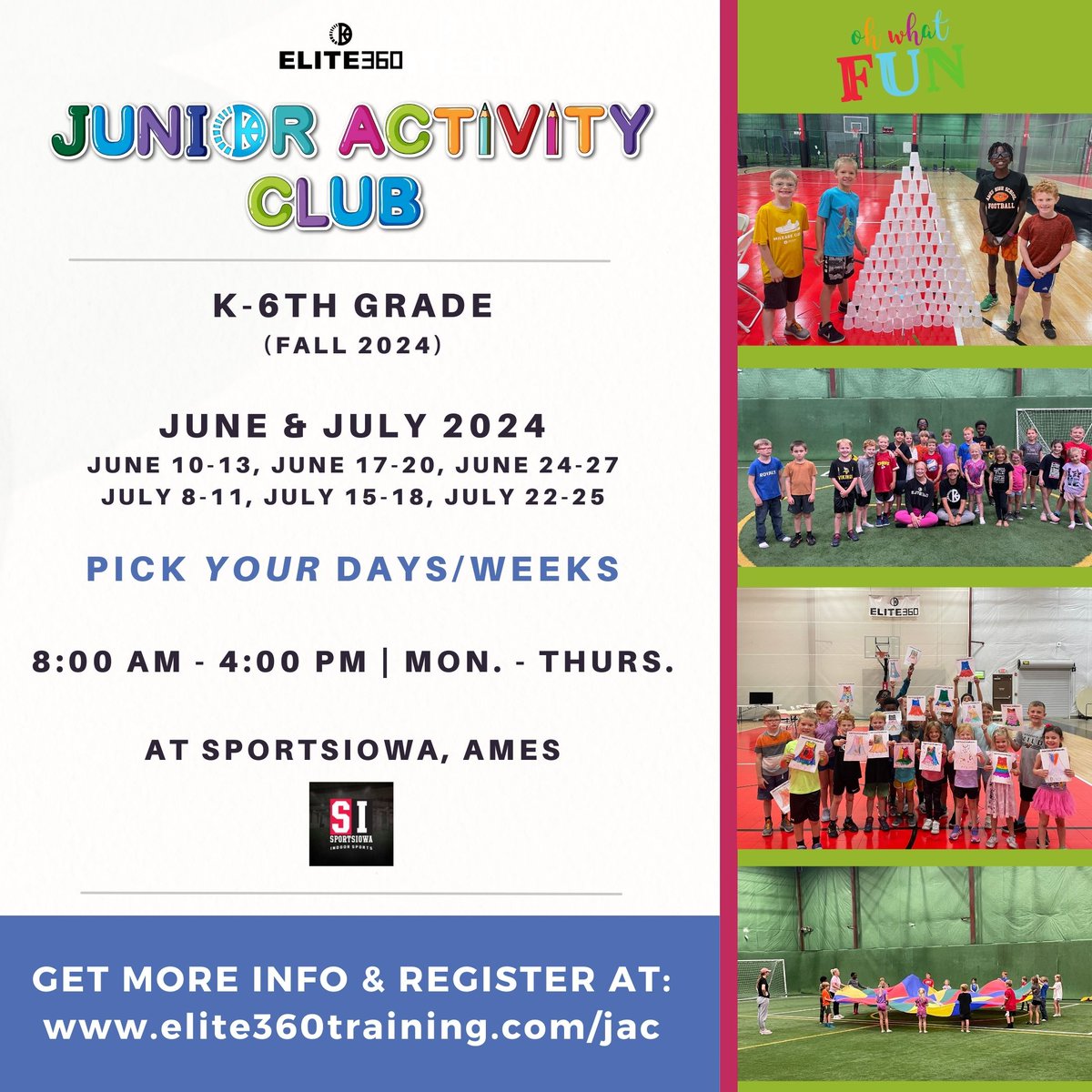 Junior Activity Club is a camp for K-6th grade kids to be active, meet new friends & have fun in the summer! ...and they might just go home tired. 😃 Sign up for full weeks, single days, or even half days. Get all the info at elite360training.com/jac