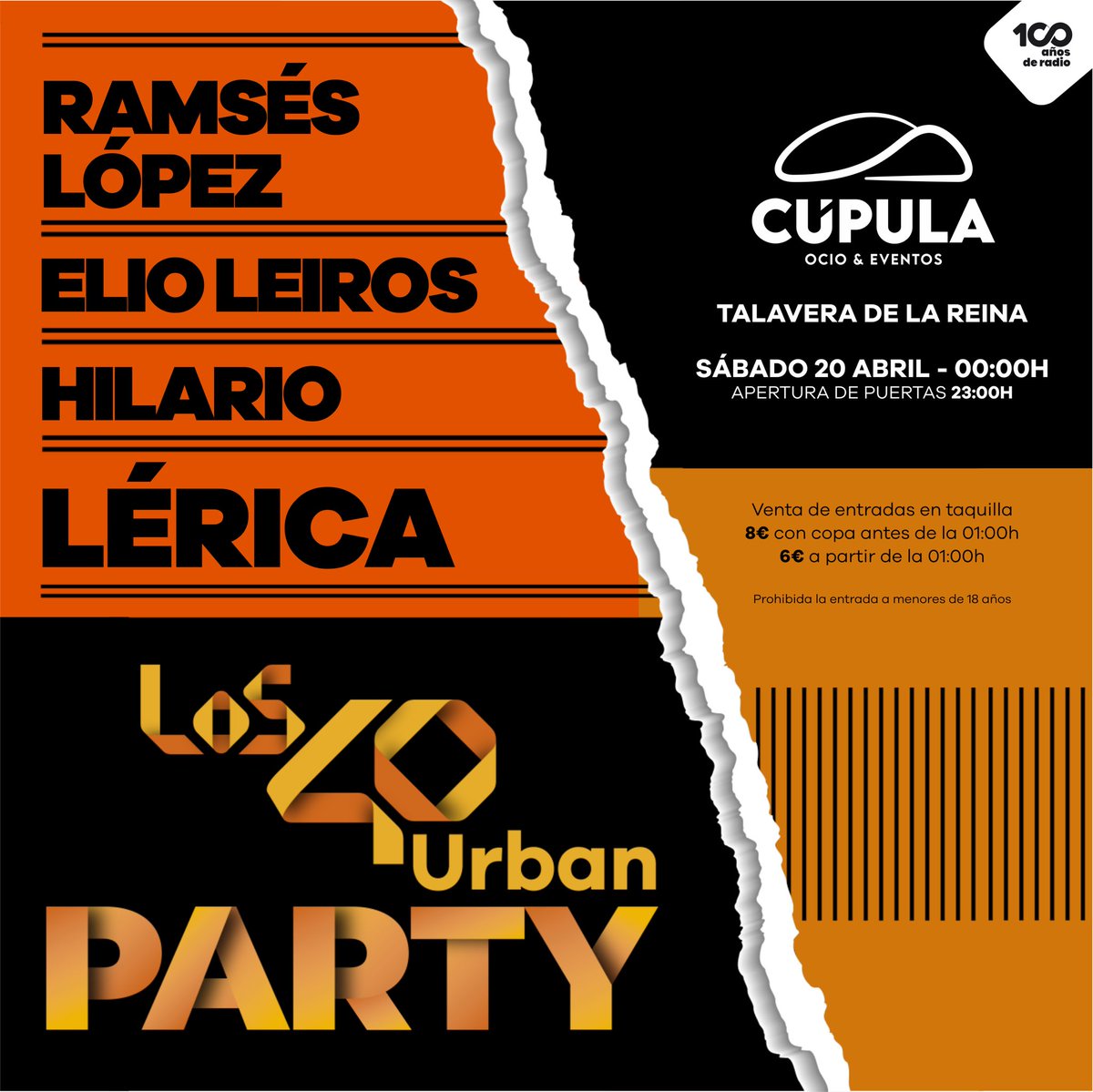 #CARTELCOMPLETO @Los40Urban y La Cúpula te presentamos #LOS40UrbanParty ✅ @RamsesLopezFM ✅ @Elioleiros ✅ @hilarioedv ✅ @LericaMusic 🗓️ 20/04 📍 La Cúpula, Plaza la Caprichosa, Talavera ⏰ Apertura de puertas 23H 🎟️ Entradas en taquilla 8€ con copa antes de la 01H