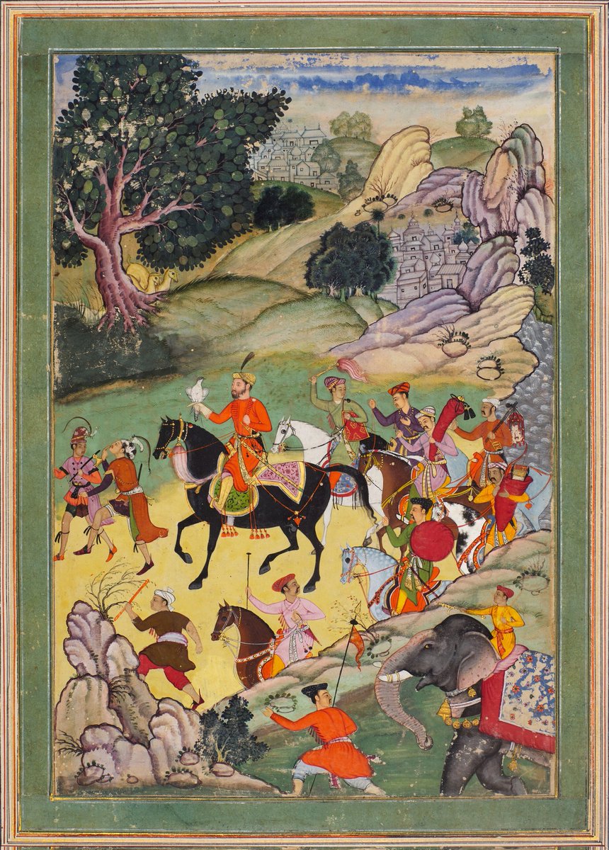 A Prince Hawking (recto). This c1590-1600 double-sided illustration from the De Luynes Album attributed to the #Mughal artist Paras will be on @Sothebys auction on April 24,2024, estimate £120,000-180,000. Probably produced for a European patron. @DalrympleWill @dpanikkar