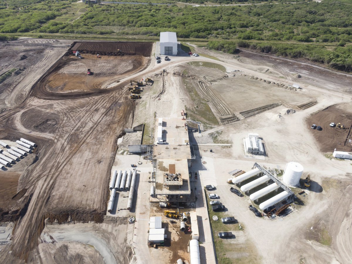 Soarin’ over Launch Complex 16, Cape Canaveral, FL. – making room for something big, #TerranR launch pad in progress. ✔️ Site cleared ✔️ Site grubbed 🔁 Waterline install in progress