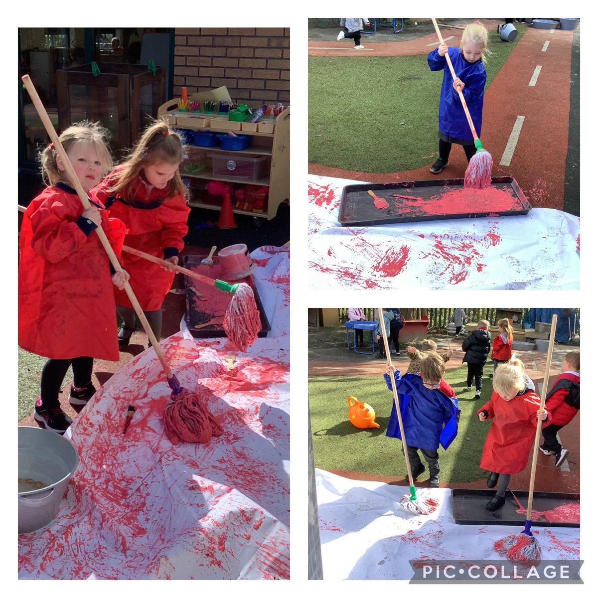 Pupils in nursery enjoying new ways to develop their gross motor and creative skills.....'these mops are hard work' 😄 @NantYParcSchool