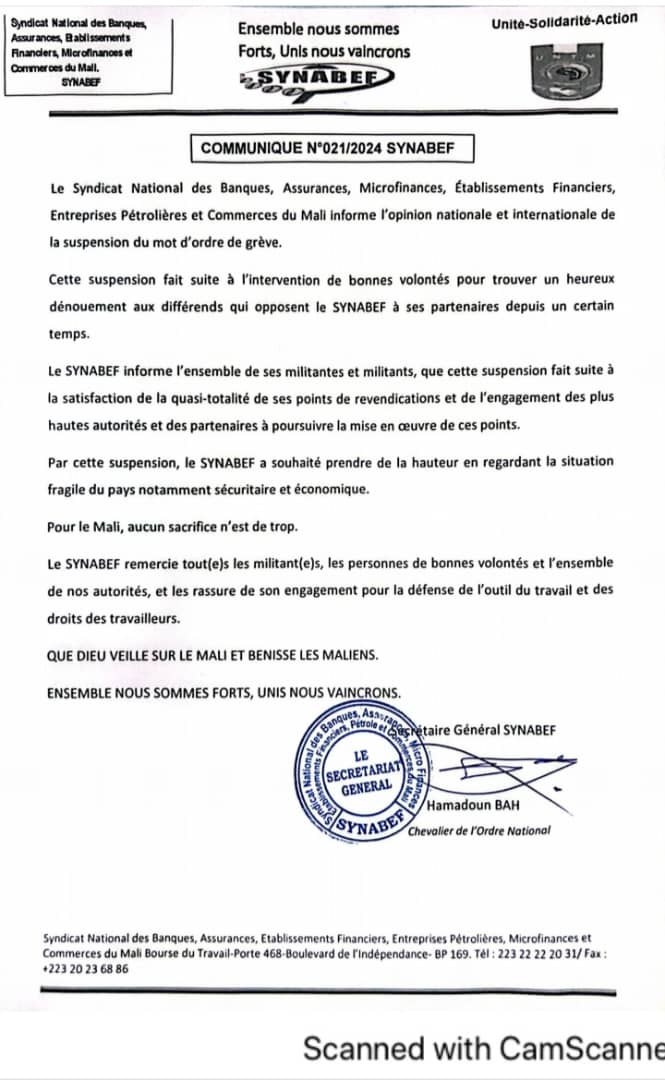 ALERTE INFO 🔴
Le Syndicat national des banques, assurances, microfinances, établissements financiers, entreprises pétrolières et commerces du Mali suspend son mot d'ordre de grève.