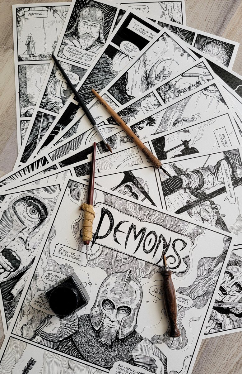 Another page posted over on my Pa tr eon ! 'Demons' is another sword and sorcery fantasy comic, in the same vein as 'The Gauntlet'.
#indiecomics #swordandsorcery
#fantasyart #penandink