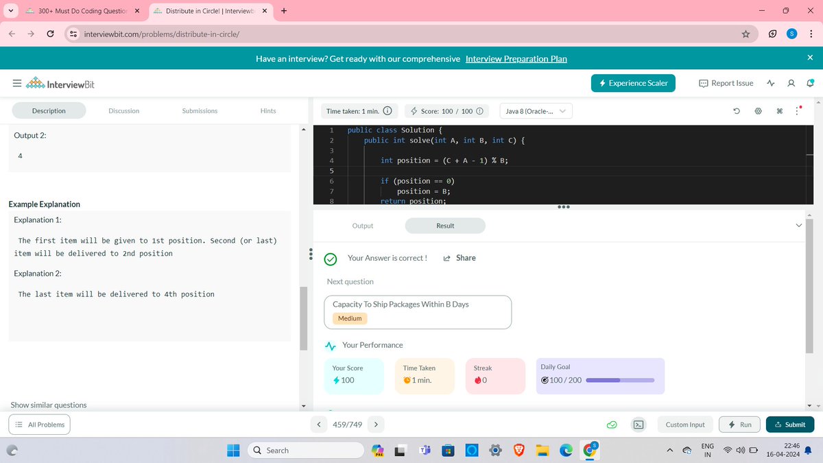 Day 106 of #365DaysOfCode with #ScalerDiscord! Today, Solve a Problem of Distribute in Circle!, on @InterviewBit. Making steady progress towards my coding goals! 💻📷 #CodeWithScaler #365DaysOfCodeScaler #LearningEveryday