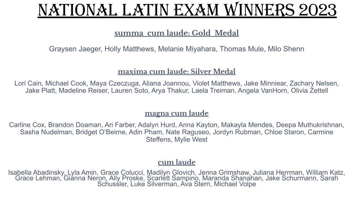 Congratulations to the 51 Freehold Township Latin students, who received awards for the National Latin Exam. Awards included 14 maxima cum laude (silver medals), 5 summa cum laude (gold medals), and 1 perfect score! <a href="/FTHSPatriots/">Freehold Township High School</a> <a href="/MerylNorych/">Dr. Norych</a> @MagistraSnowCos <a href="/MagistraKiernan/">Magistra K</a>