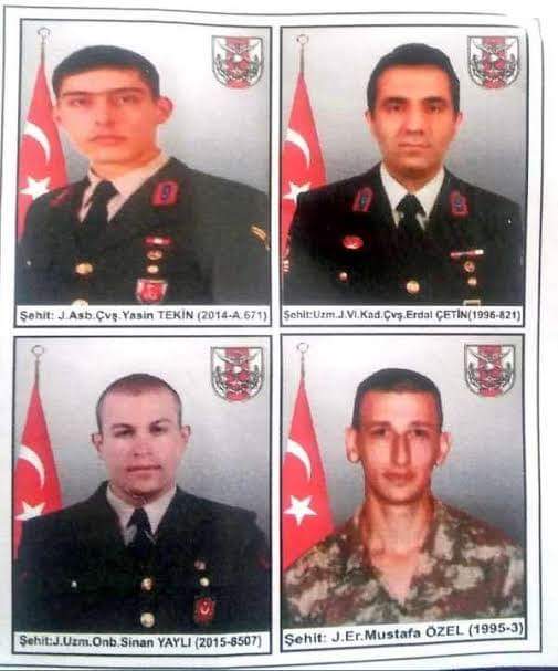 16 Nisan 2016 

Şehit J. Asb. Cvş.Yasin TEKİN (Mardin - Savur)
Şehit Uzm.J.Vl.Kd. Cvs. Erdal ÇETİN (Mardin - Savur)
Şehit Uzman Onbaşı Sinan YAYLI (Mardin - Savur)
Şehit Jandarma Er Mustafa ÖZEL (Mardin - Savur)

Unutmadık Unutturmayacağız!