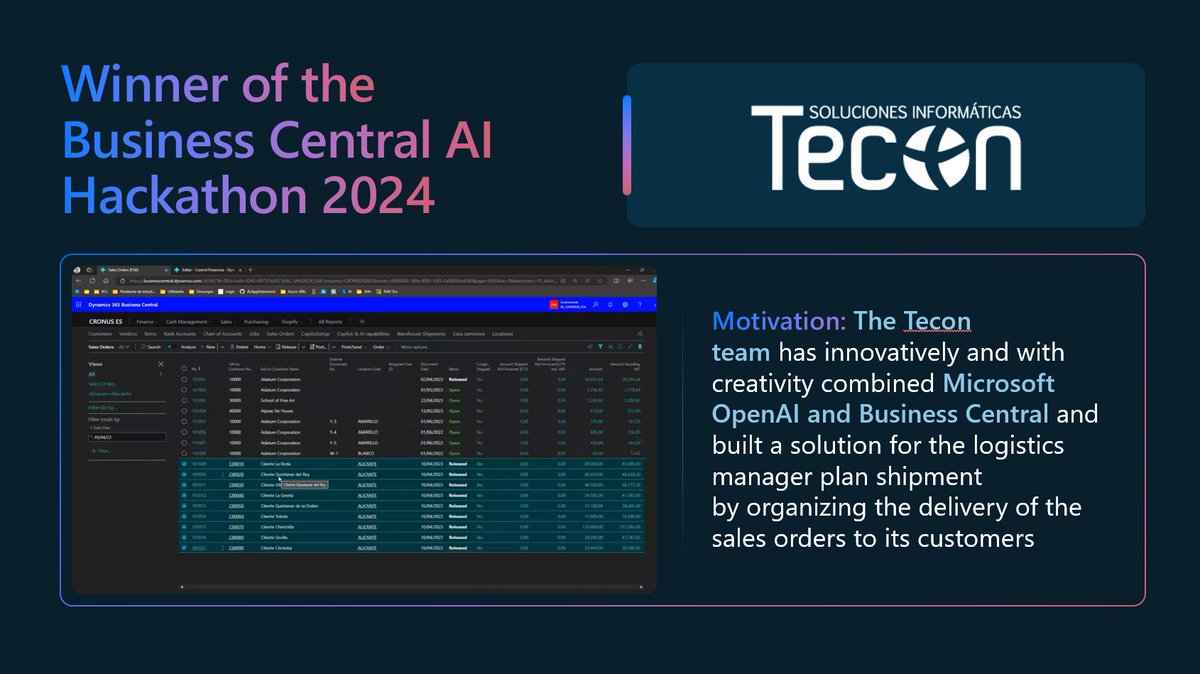 🚀 Exciting News! We're thrilled to announce the winner of the AI Hackathon 2024 for Microsoft Dynamics 365 Business Central Partners! 🥇 Congratulations to @TECON for their outstanding solution of a “Order Shipping Proposal”. #BCAIHackathon #MSDyn365BC #DirectionsNA2024