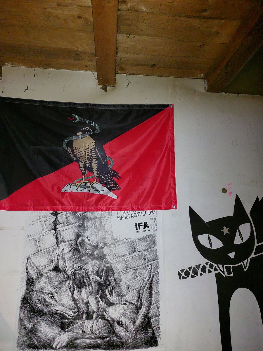 Flag of Network of Anarchists of Istria MREŽA ANARHISTA ISTRA (Croatia) proudly standing in our social space with poster for 2023 IFA Congress and black cat mural (by anarcha-queer group of same name Black Cats). mrezaanarhista.wordpress.com