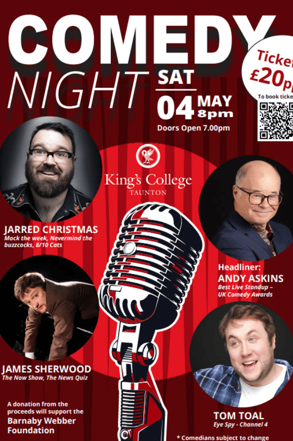 Book your tickets for an evening of #comedy and #entertainment in the Theatre at King’s College, Taunton on Saturday 4th May. Bar with reasonably priced drinks open from 7.00pm! #LiveComedy #Taunton ticketsource.co.uk/kings-college/…