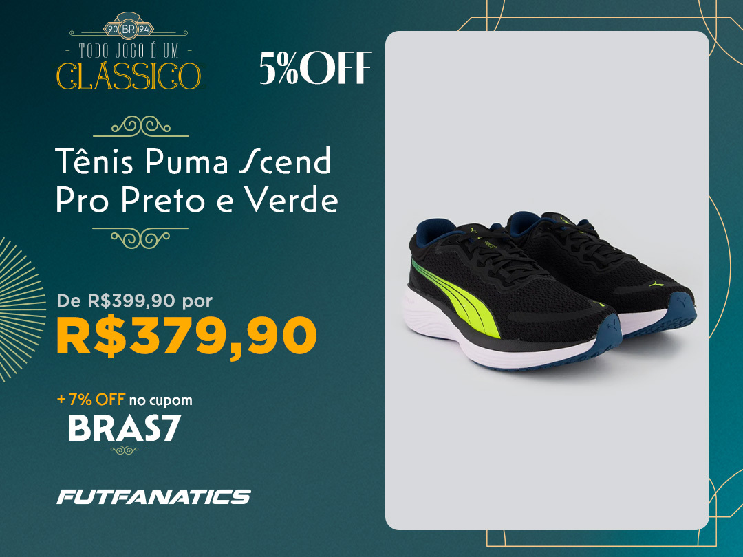 Puma no #DestaqueDoDia Tênis Puma Scend Pro Preto e Verde de R$399,90 por R$379,90 + 7% OFF no cupom BRAS7 + 10% OFF no PIX Compre agora >>> abrir.link/dPqAn