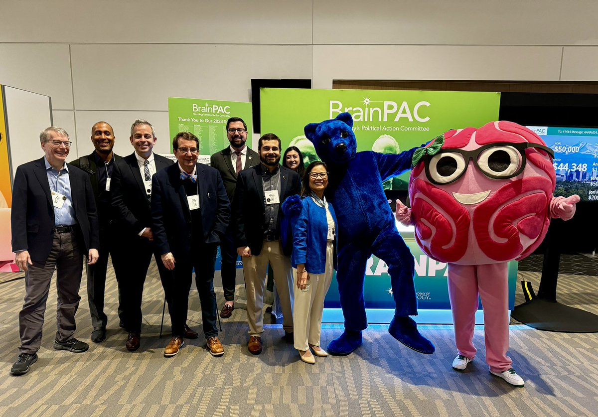 Sarah Bellum and Denver’s The Big Blue Bear stopped by the BrainPAC Booth at #AANAM to learn about all of @AANmember’s important advocacy work. You should stop by and learn about BrainPAC too!!! #AANadvocacy #BrainPAC @aiee_antonio @HKoch13_ @MarkMilsteinMD