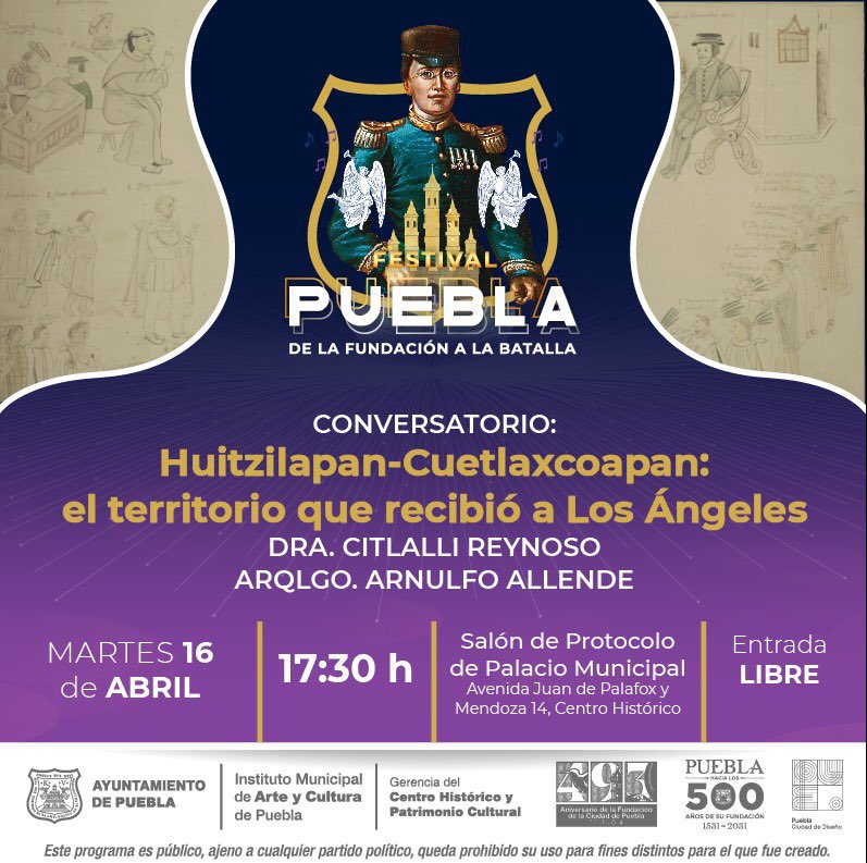 ℹ️ Informamos. Estas son algunas de las actividades que se llevarán a cabo este día martes 16 de abril y miércoles 17 de abril dentro del “Festival Puebla. De la fundación a la batalla”. ¡Entrada libre! Programa: bit.ly/3UbGyCD