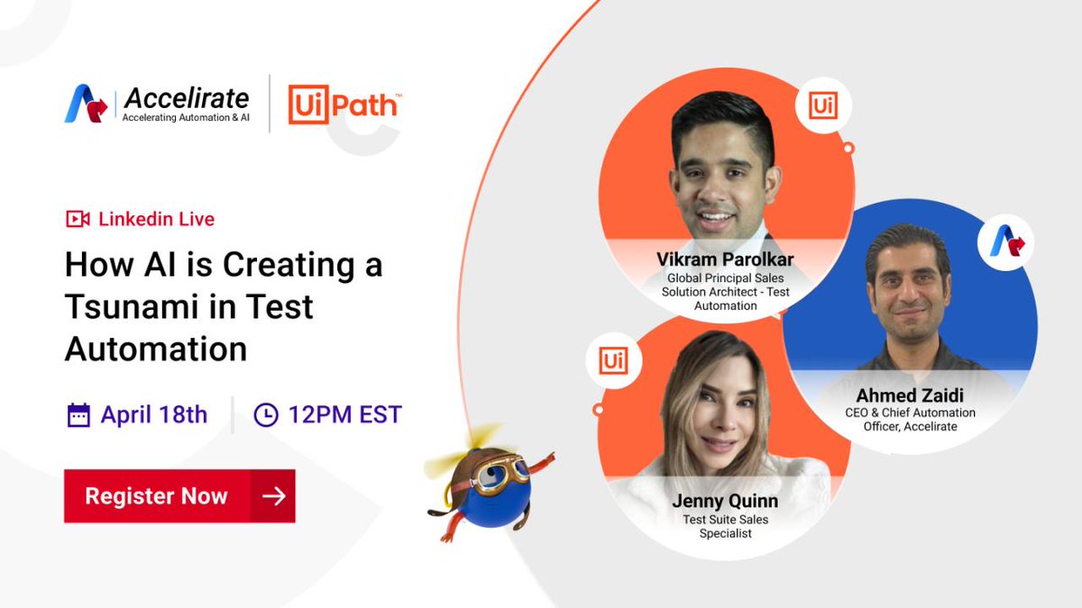 Join UiPath and Accelirate on April 18th at 12 pm EST for an engaging webinar about the latest trends in #testautomation, the UiPath vision for #AI, and strategies for infusing your #testing practices with AI. Register here: spr.ly/6012b81ek