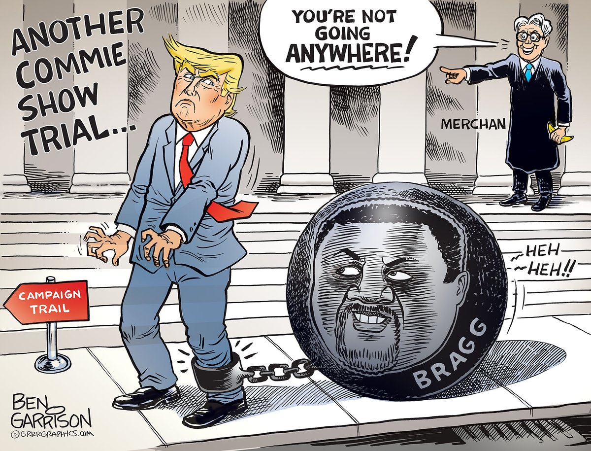 Trump's NEW YORK Ball and Chain- #BenGarrison cartoon #Trump President Trump’s New York ‘hush money’ trial has begun. There was no crime and this so-called trial is an abomination of justice. Rotund New York DA, Alvin Bragg, is engaging in total election interference by means…