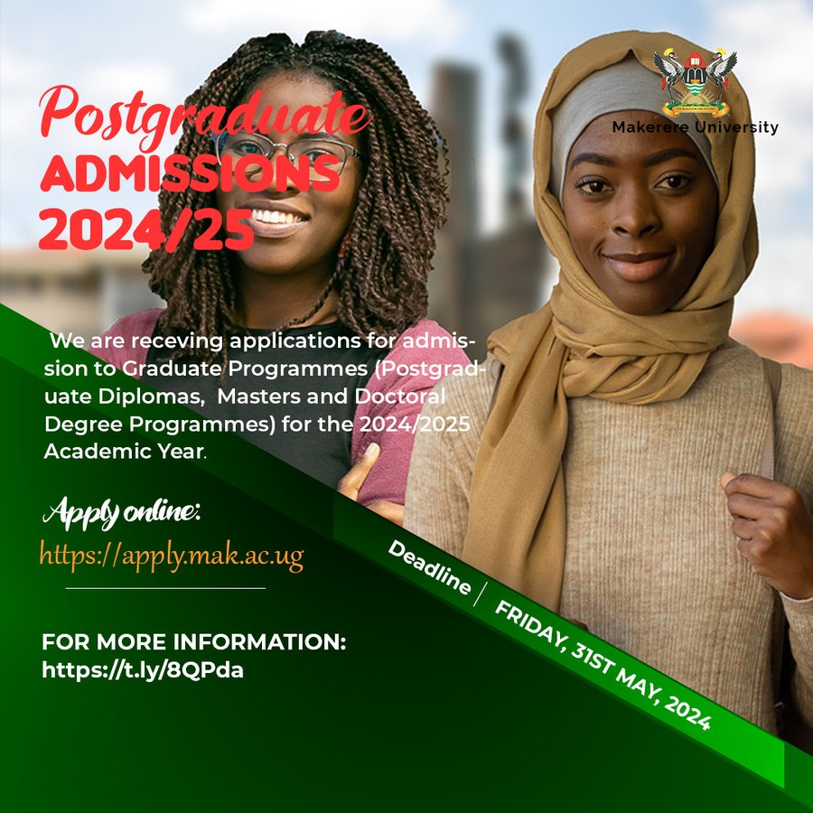 Courtesy Reminder!! We are currently receiving applications for the Post-Graduate programmes - Academic Year 2024/2025. The deadline is running up to 31st May 2024. @BUYINZAMUKADAS1 @MakDRGT @MakerereNews @DICTSMakerere @MakGuild @OfficialMubs @26guild @MajangaOchwo