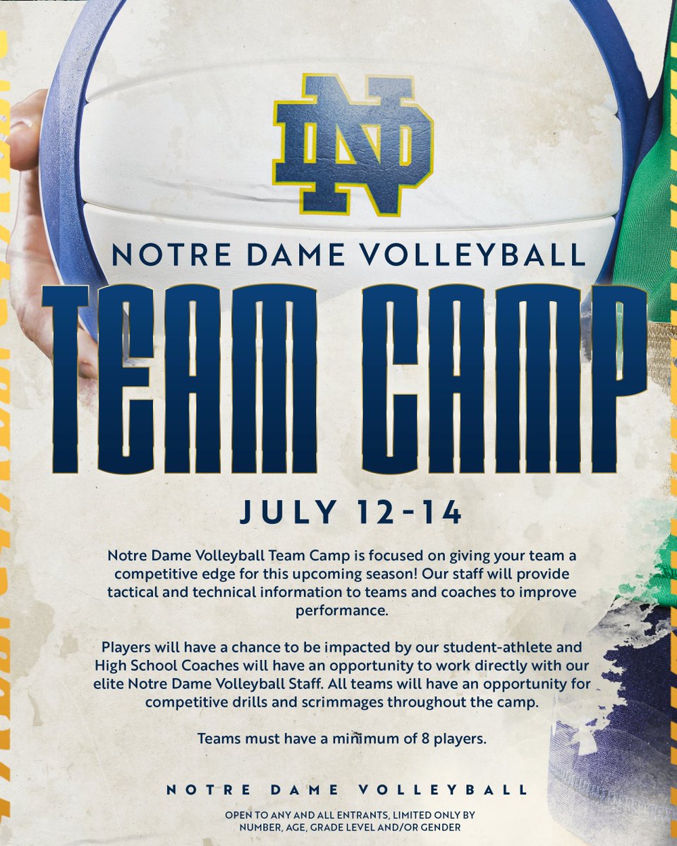 𝐍𝐨𝐭𝐫𝐞 𝐃𝐚𝐦𝐞 𝐕𝐨𝐥𝐥𝐞𝐲𝐛𝐚𝐥𝐥 𝐓𝐞𝐚𝐦 𝐂𝐚𝐦𝐩 🏐 Secure your team's spot for camp by Wednesday, April 24th! 🔗 campscui.active.com/orgs/Universit… #GoIrish☘️